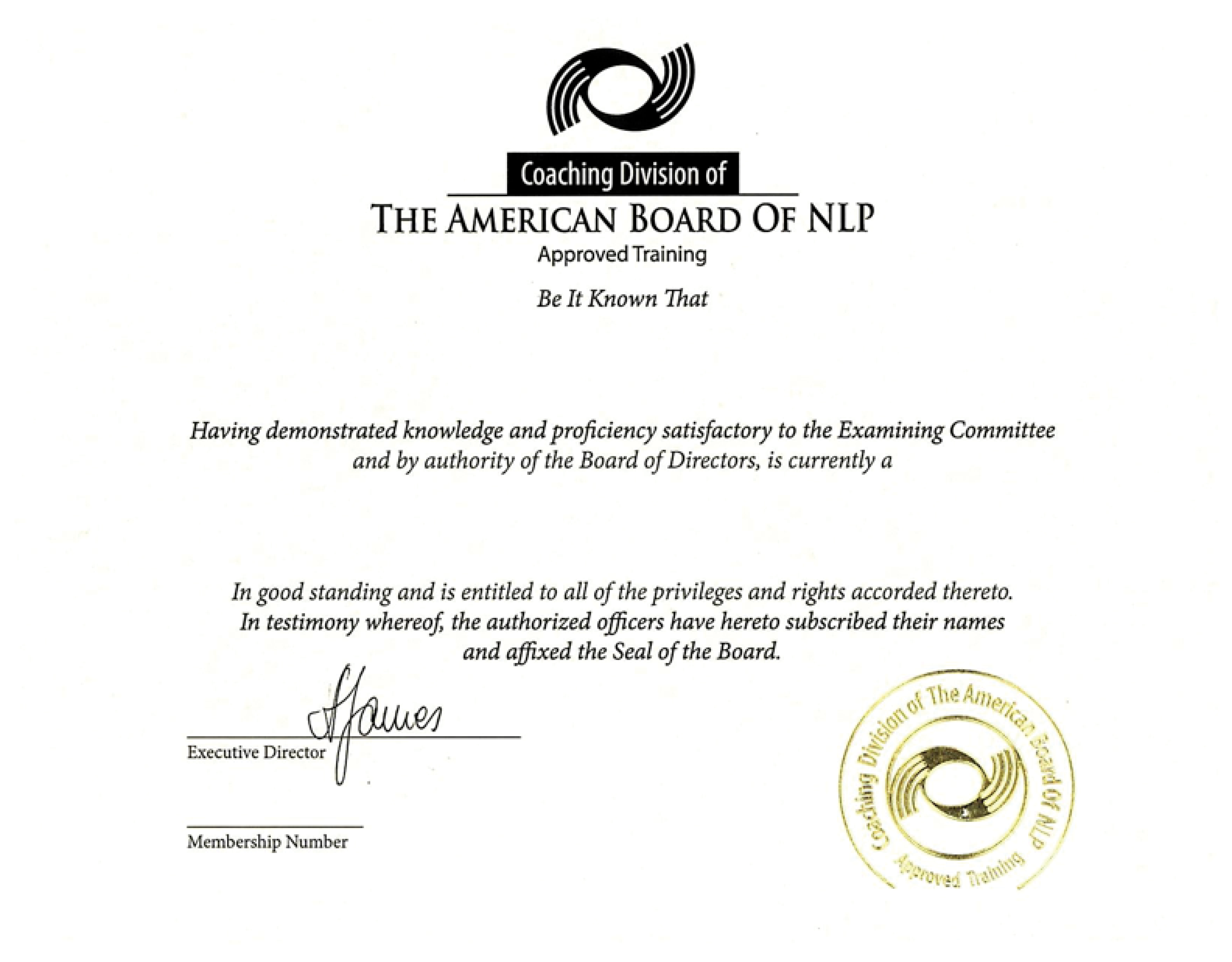 American Board of NLP Coaching Division Certificate